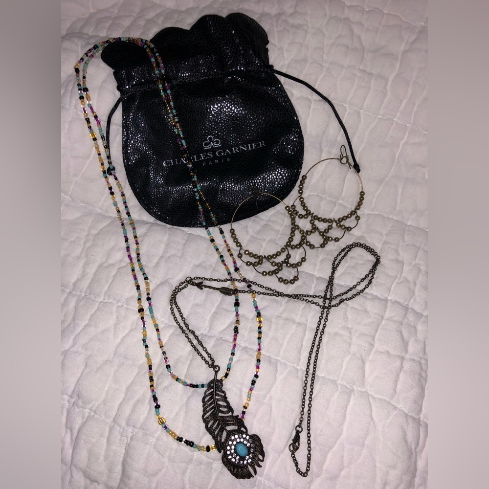BUNDLE of Feather & Arrow Necklace, Beaded Earrings, Convertible Bead Bracelet